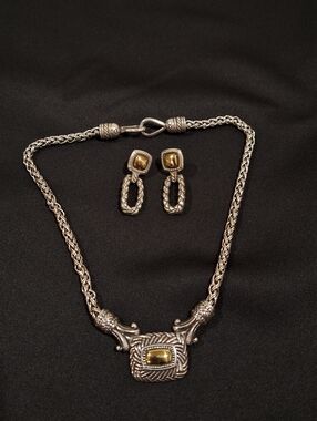 Brighton Bordeaux Necklace Earrings Set 14” Silver Gold Tone Collar Length